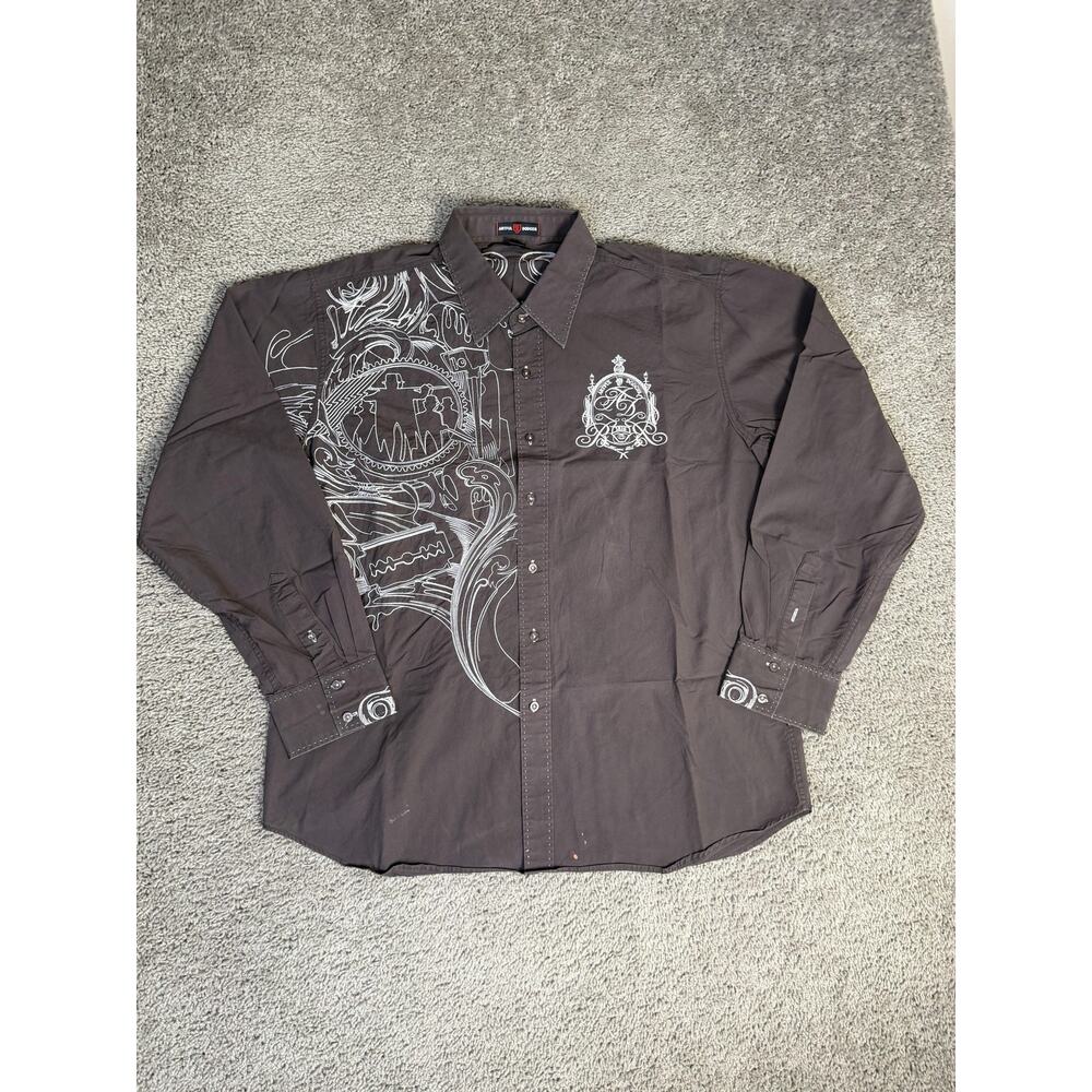 Artful Dodger Shirt Mens 2XL Brown Long Sleeve Blaggers Ball Embroidered Graphic